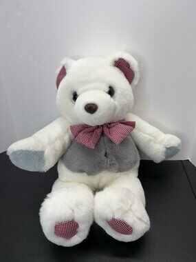 Vintage TB Trading Teddy Bear Plush White Blue 18” Stuffed Animal Plaid Bow
